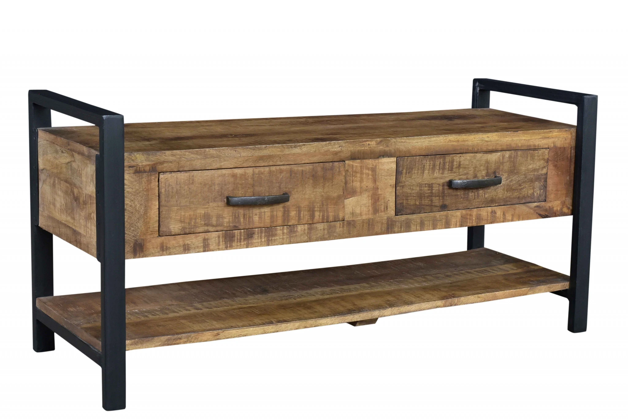 46" Rustic Natural Solid Wood and Black Entryway Bench With Drawers