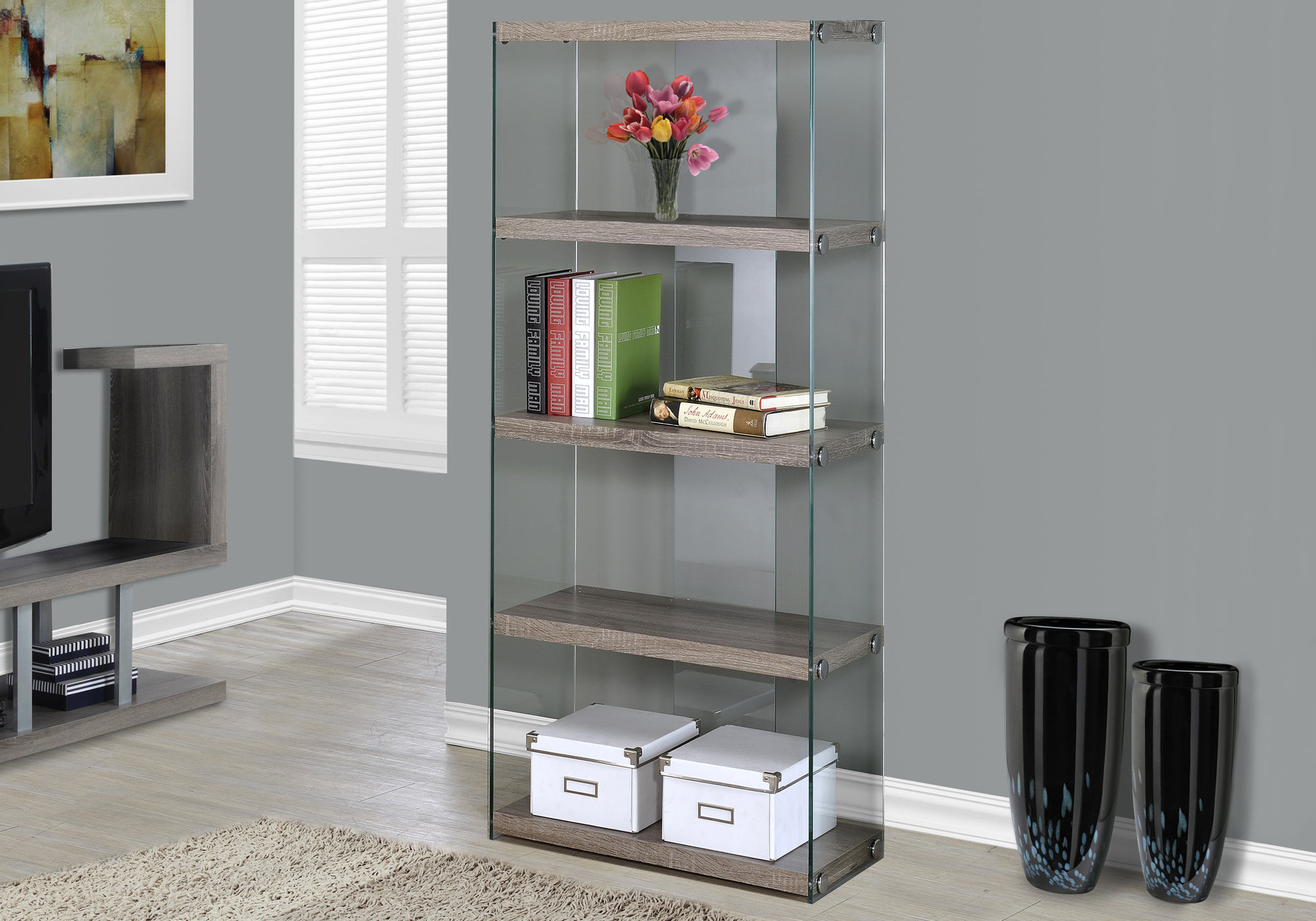 60" Particle Board And Clear Tempered Glass Bookcase House Tipster