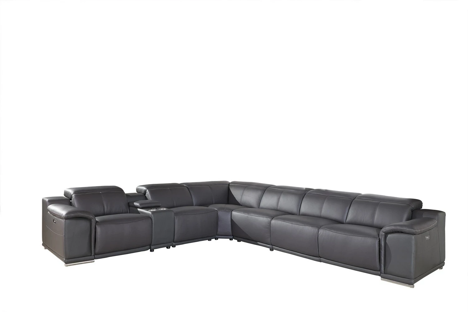 Gray Italian Leather Power Reclining U Shaped Seven Piece Corner Sectional With Console Gray Italian Leather Power Reclining U Shaped Seven Piece Corner Sectional With Console