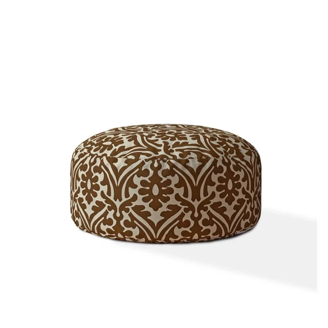 Brown cotton round damask pouf ottoman with natural materials and beige accents