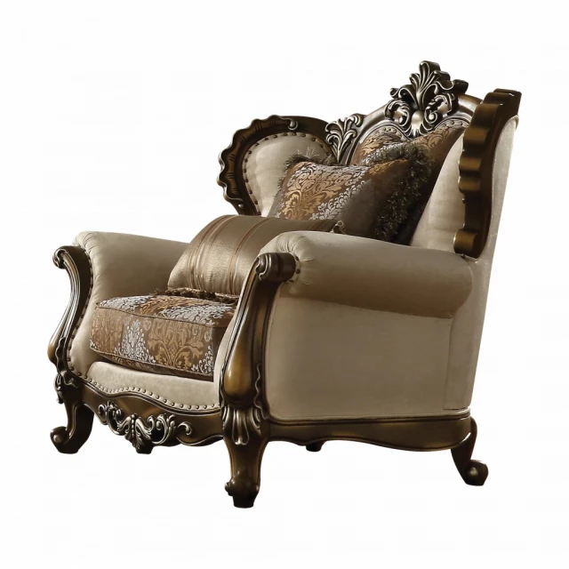 Brown fabric floral tufted wingback chair with wood armrests and comfortable rectangle cushion