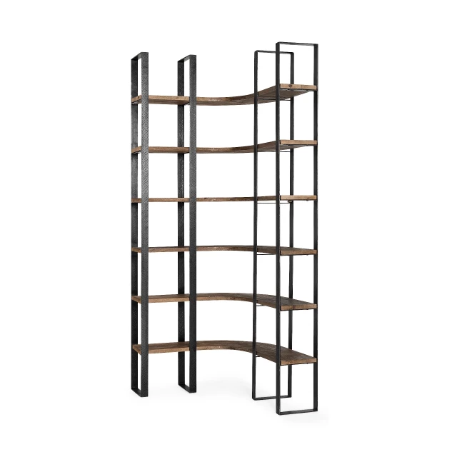 brown wood black iron shelving unit with rectangular shelves and industrial design