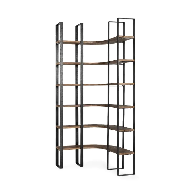 Curved Dark Brown Wood And Black Iron 6 Shelving Unit Curved Dark Brown Wood And Black Iron 6 Shelving Unit
