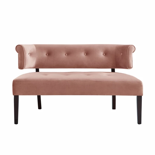 Blush brown upholstered velvet bench with comfortable rectangle cushion and wooden legs