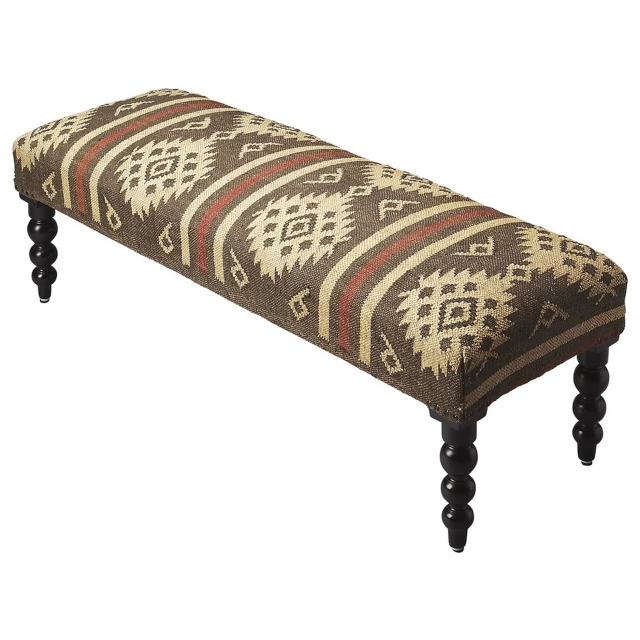 Brown upholstered wool southwest distressed bench with patterned motif and art illustration