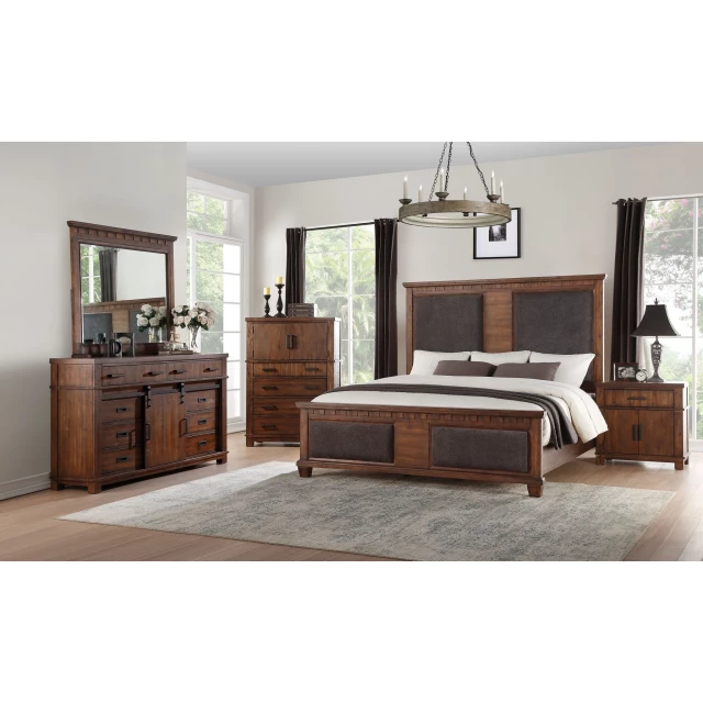 Oak wood upholstered headboard and footboard queen bed in elegant bedroom setting