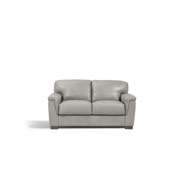 Gray leather black love seat with comfortable armrests and wooden accents for modern home decor