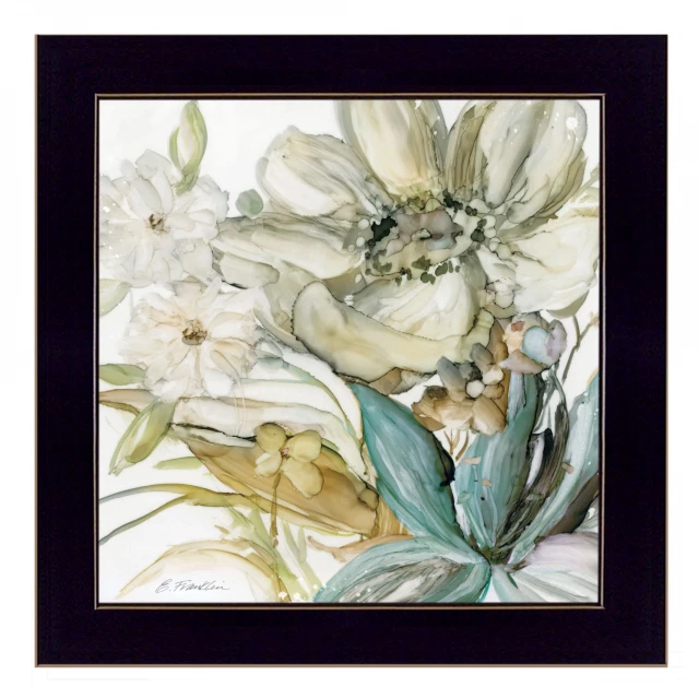 Black framed print of a floral illustration with jewellery accents for wall art decoration