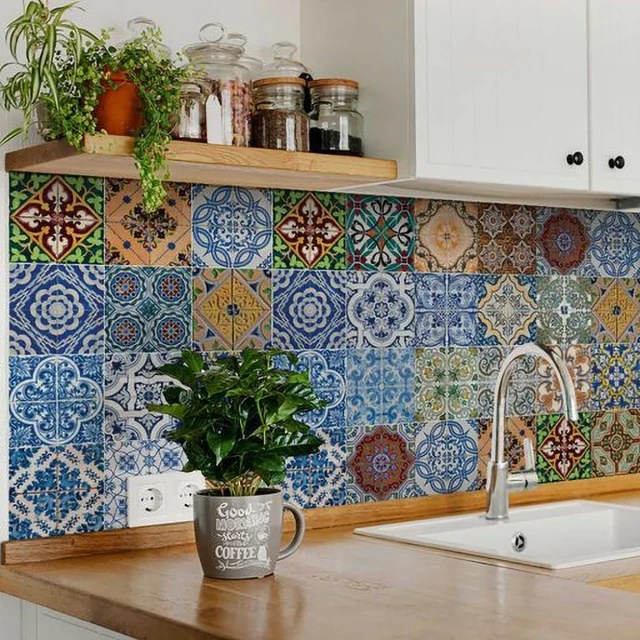 jessa multi mosaic peel stick tiles with houseplant and flowerpot in interior design setting