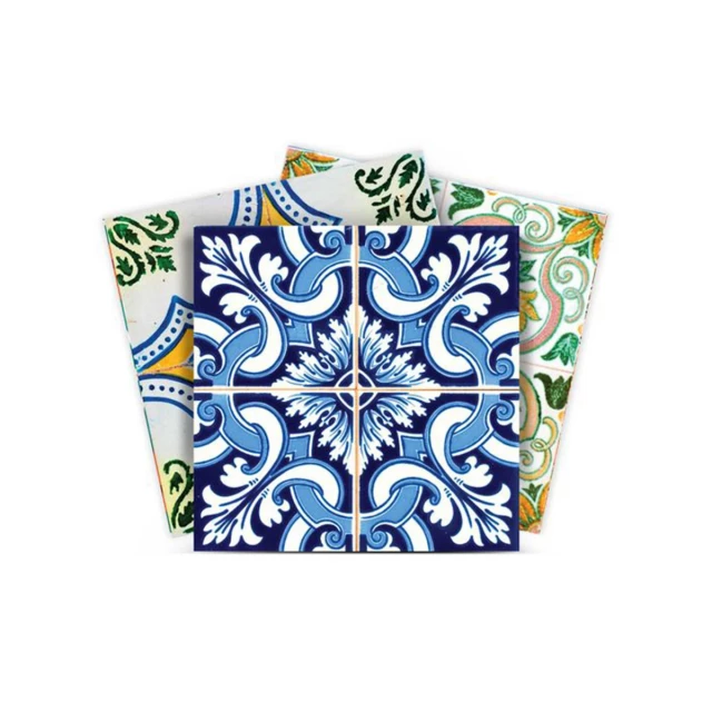 lima multi mosaic peel stick tiles with electric blue flower pattern and symmetrical design