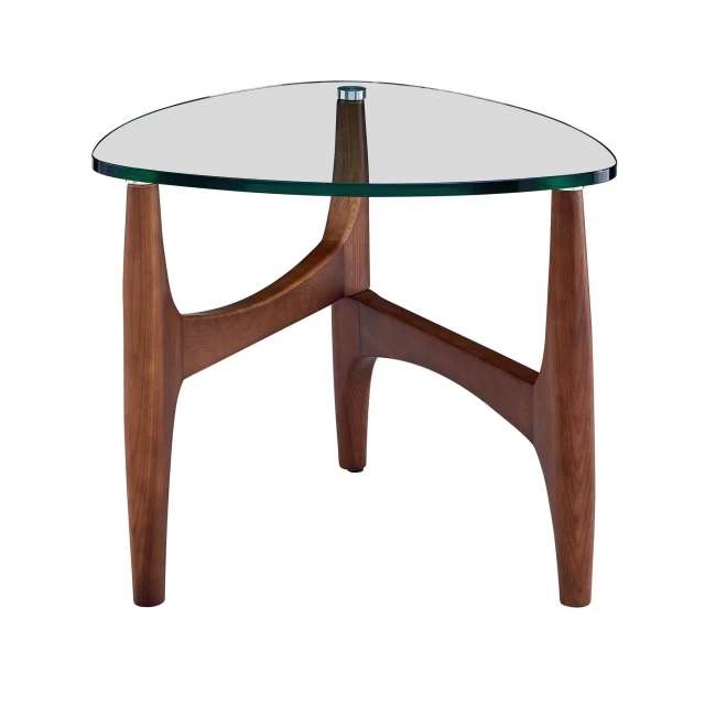 Tempered glass side table with a walnut wood base and modern design for home furniture