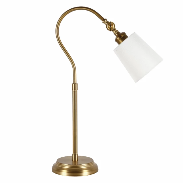 arched table lamp with white drum shade and metal base