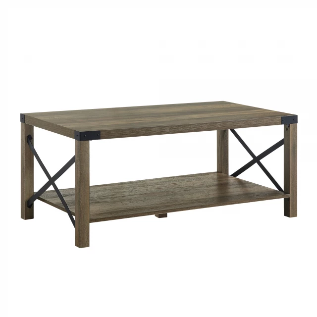 Manufactured wood rectangular coffee table with shelf and natural wood stain finish