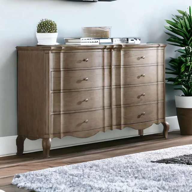 Solid manufactured wood eight drawer dresser in light finish with simple handles