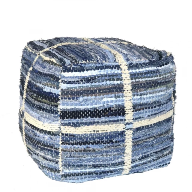 Blue striped square pouf with woolen denim pattern textile