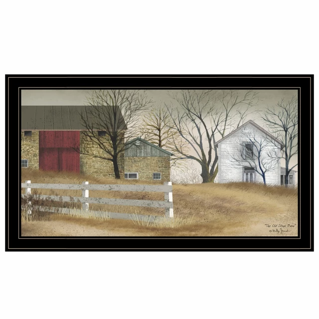 Black framed barn print wall art amidst natural landscape with trees and plants