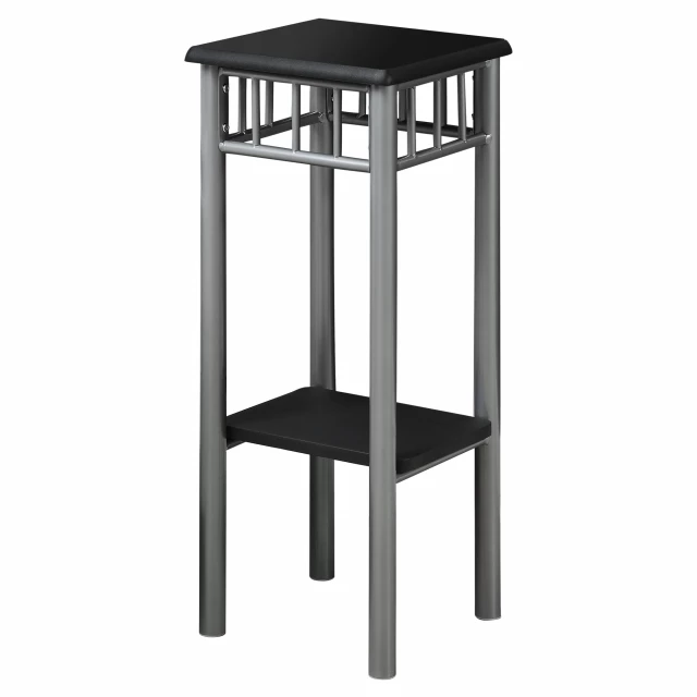 Silver black end table shelf with wood pedestal in furniture setting