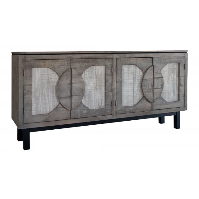 Gray solid manufactured wood distressed credenza with rectangle shape and metal accents
