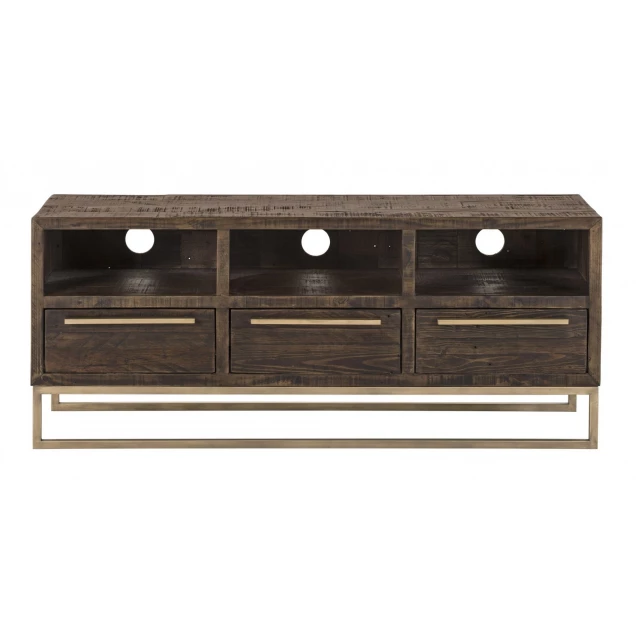 Pine plywood open shelving TV stand in brown with bookcase and cabinetry design features