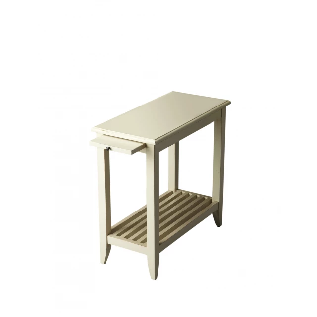 Cream white rectangular end table with shelf for modern home decor