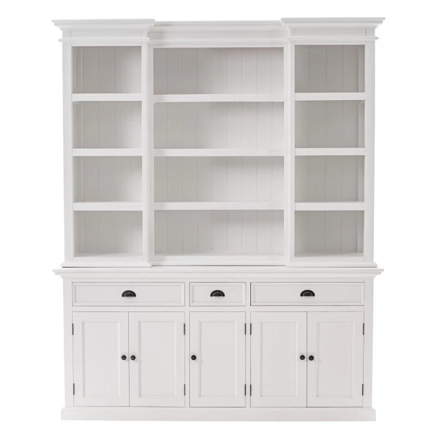 White dining hutch with twelve shelves and drawers featuring cabinetry and wood shelving