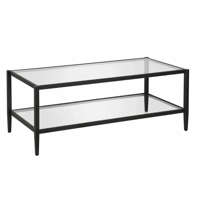 Black glass steel coffee table with shelf for modern furniture decor