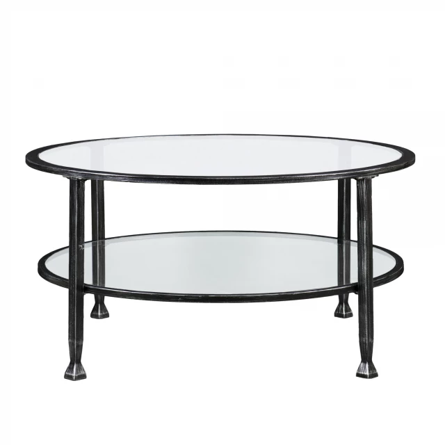 Black glass metal round coffee table with transparent material and serveware features