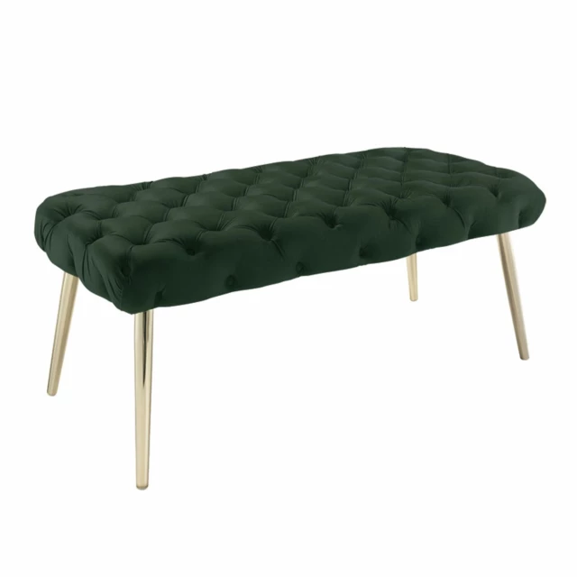 Hunter green gold upholstered velvet bench with metallic legs