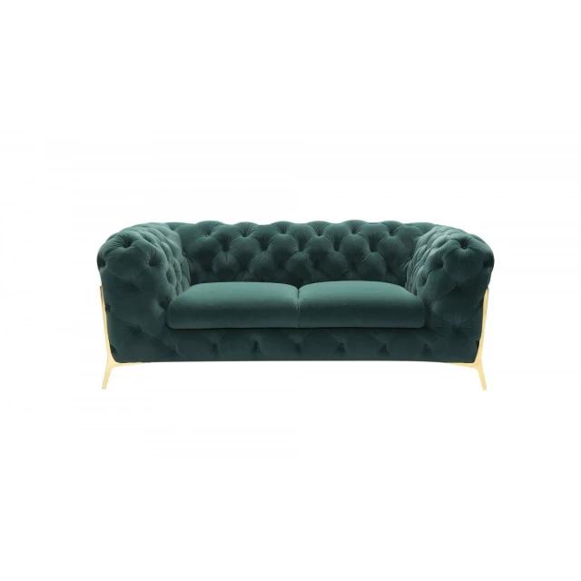 Emerald green gold velvet loveseat with comfortable rectangular design suitable for studio and events