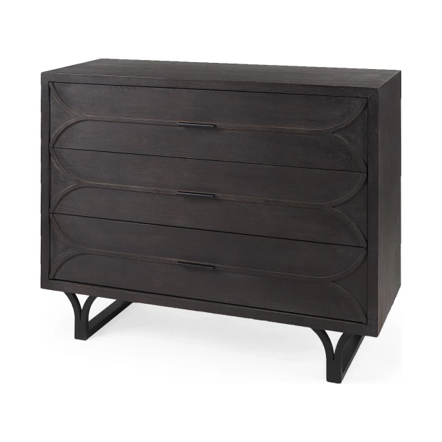 Contemporary dark oval accent cabinet in hardwood with wood stain finish and comfort design