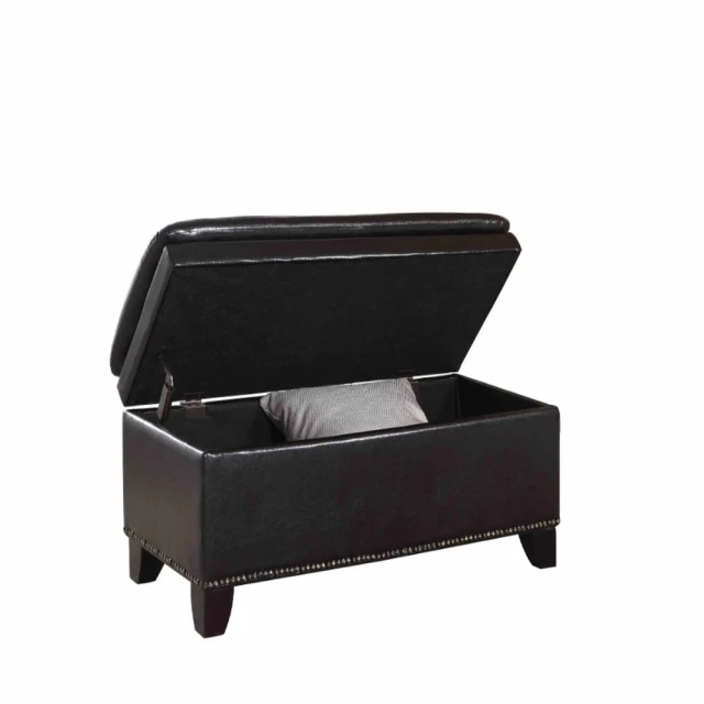Brown upholstered faux leather bench with flip top and wood metal accents for outdoor furniture