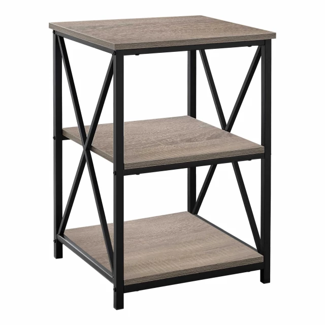 Dark taupe black metal accent table with natural hardwood finish and rectangle wood top