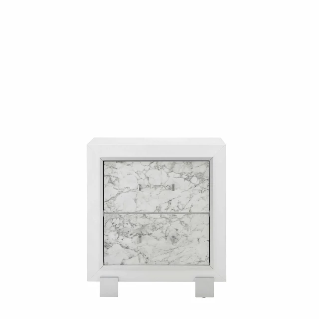 Nightstand with faux marble detailing and front drawer in monochrome wood and metal design