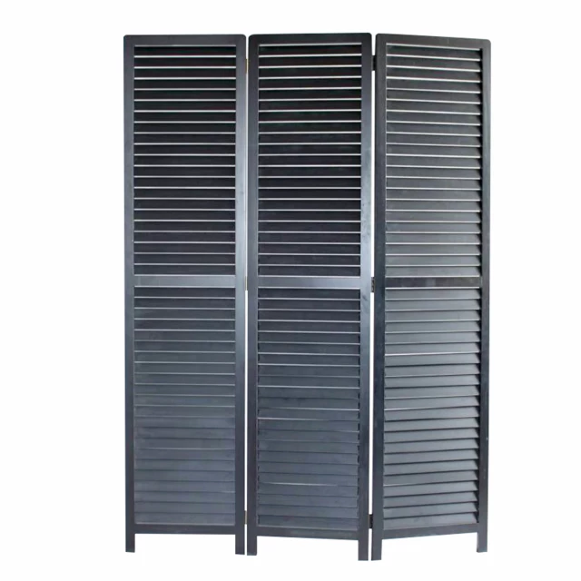 Black wood screen with parallel slats and electric blue accents