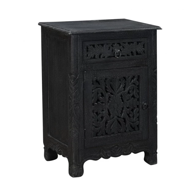 Solid wood nightstand with floral carving and metal accents