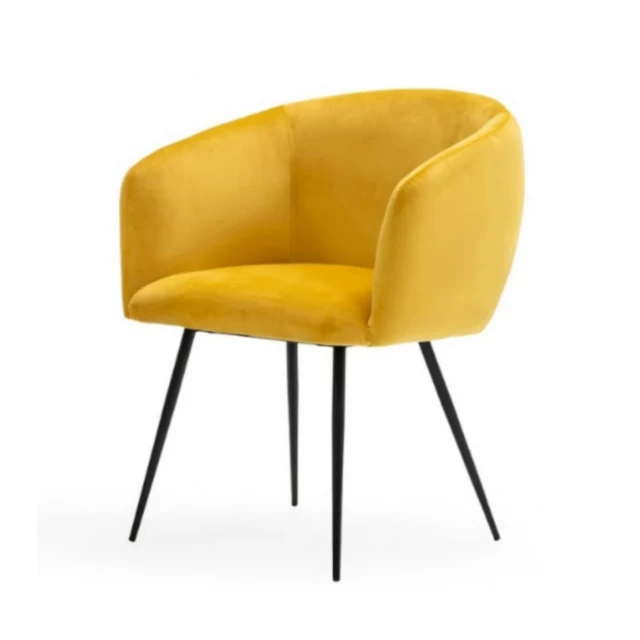 Yellow velvet modern dining chair with armrests and wood accents