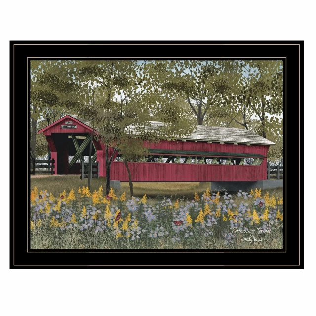 Bridge black framed print wall art featuring natural landscape with trees and floral elements