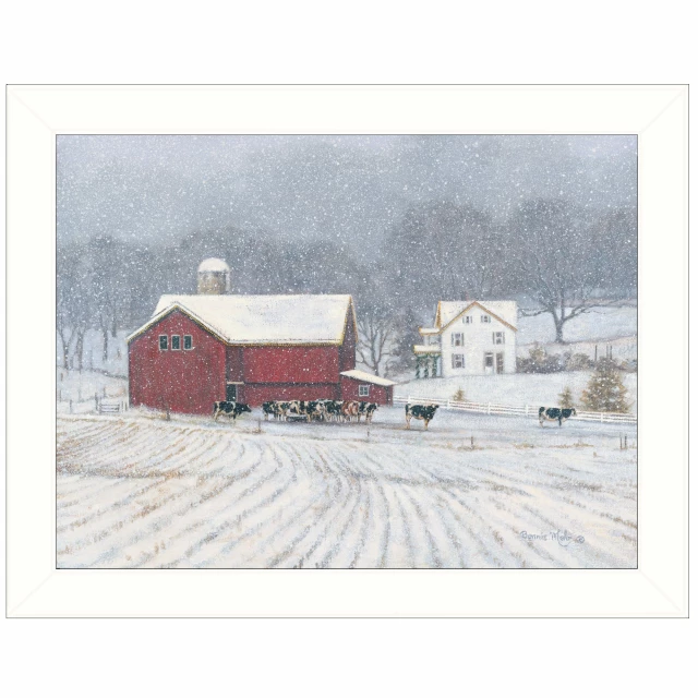 White framed print of a snowy landscape with house and trees