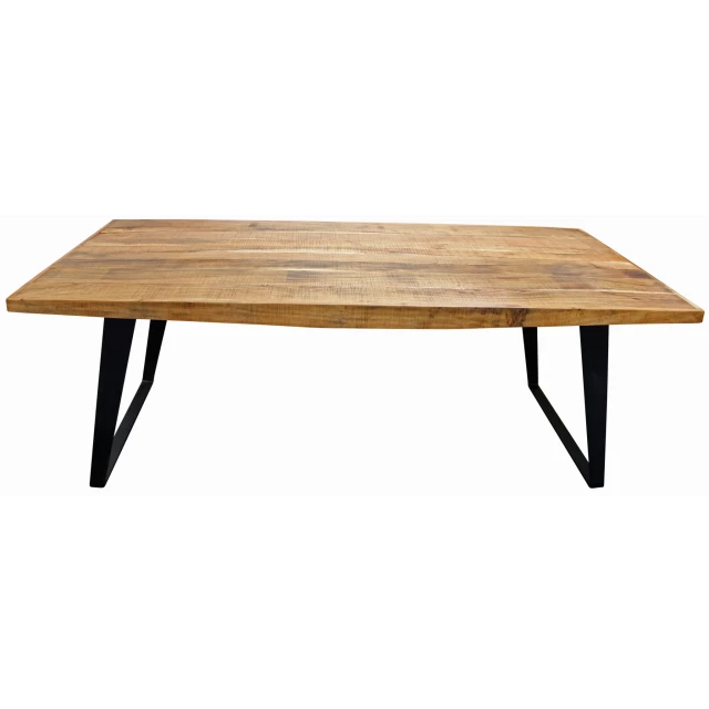 Solid wood iron rectangular dining table with hardwood plank and wood stain finish suitable for outdoor use