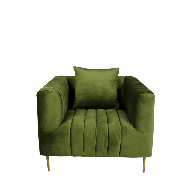 Olive velvet gold solid lounge chair with comfortable pillows and wooden legs