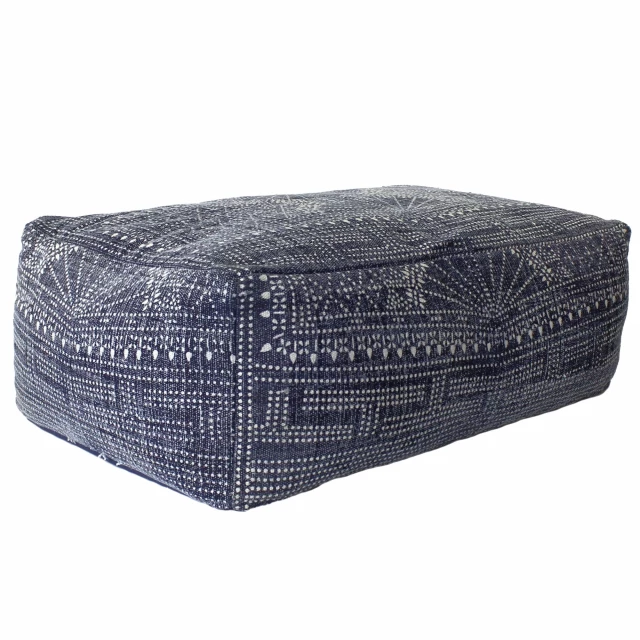 Navy blue patterned rectangle pouf with electric blue accents and composite material design