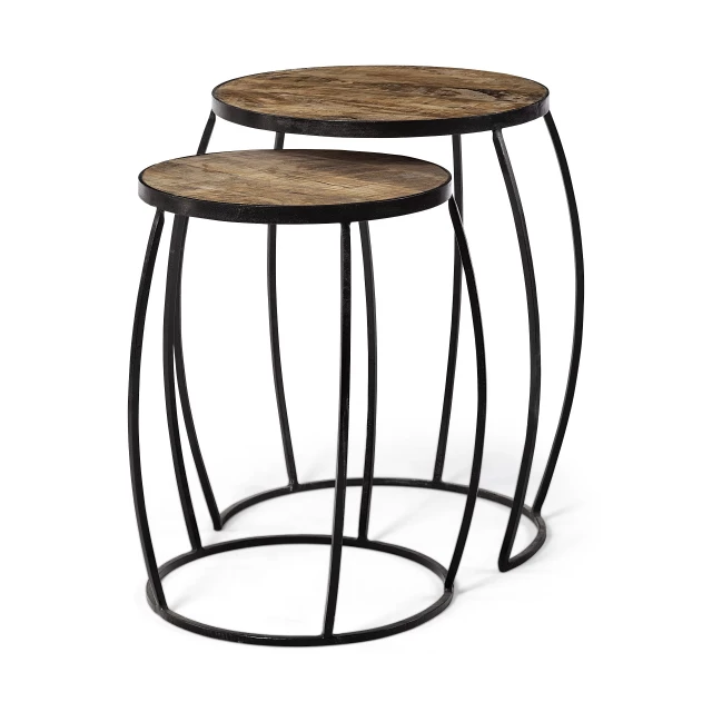 Black metal frame nesting tables with wood top and decorative items