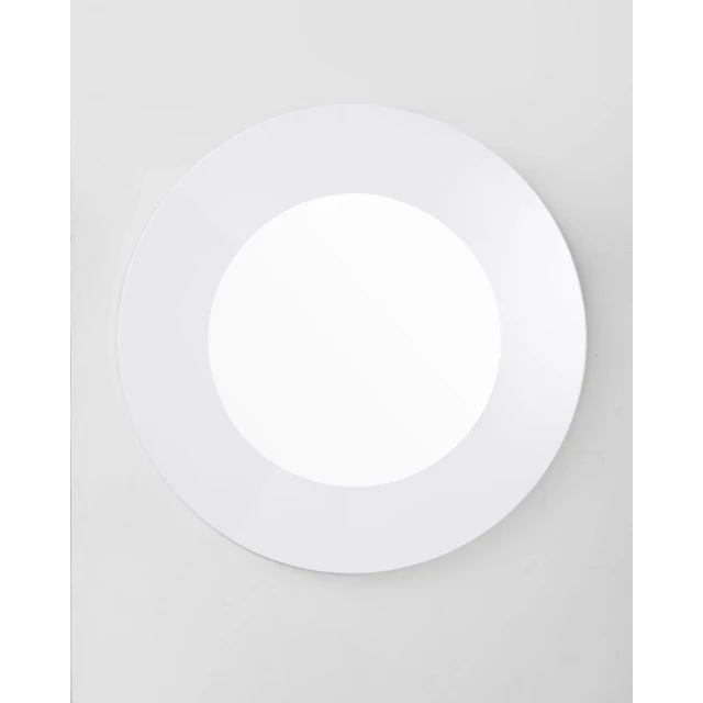 Mirror high gloss white lacquer with tints and shades in a circular shape on a wood ceiling fixture with electric blue symbol