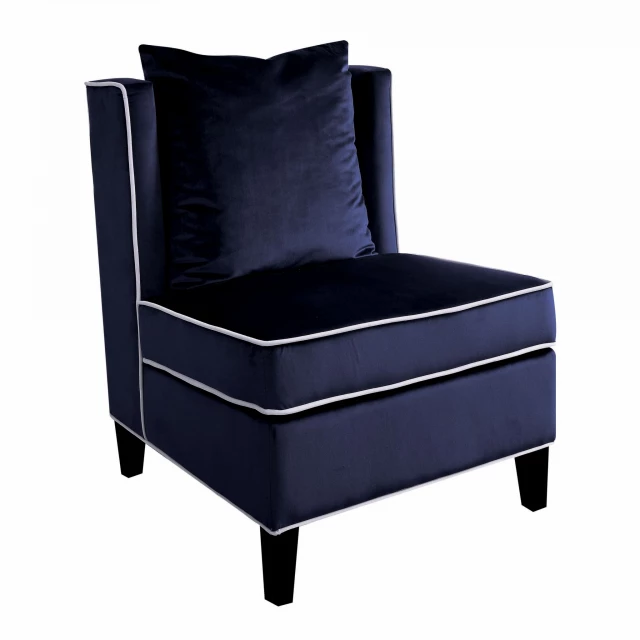 Dark blue black velvet slipper chair with armrests and electric blue accents in a comfortable club chair style