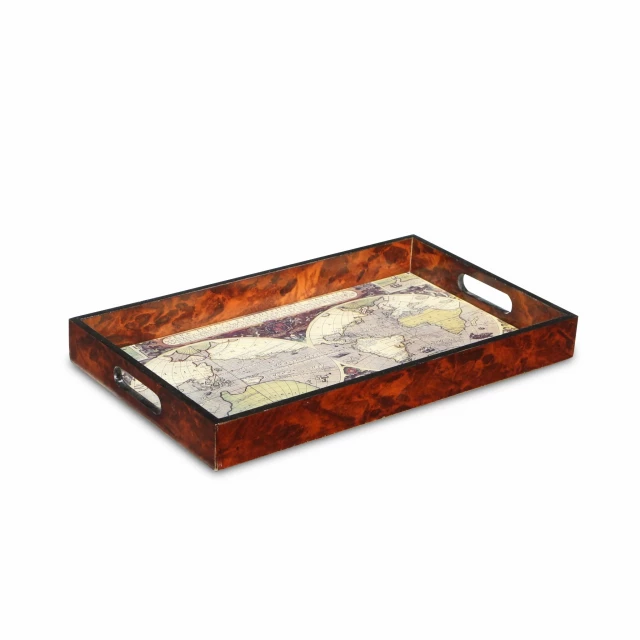 world map vintage burlwood serving tray with hardwood and wood stain