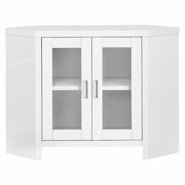 White corner TV stand with glass doors and modern shelving design