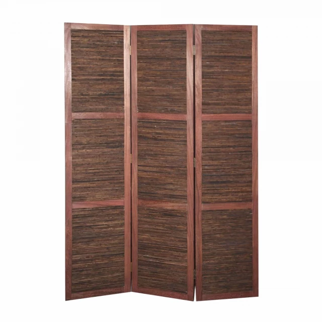 Warm brown panel room divider screen in wood with shelving detail