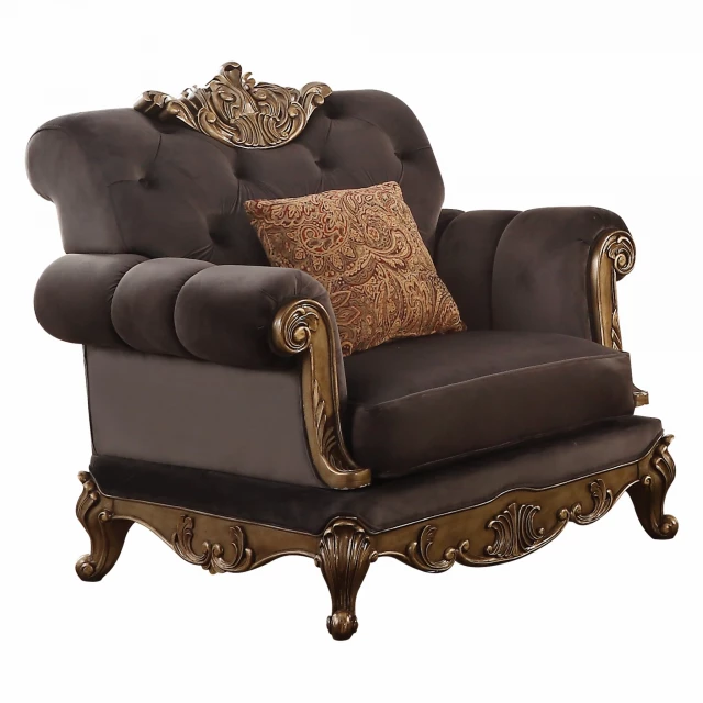 Antique gold fabric chair with pillow and hardwood armrests for comfortable seating