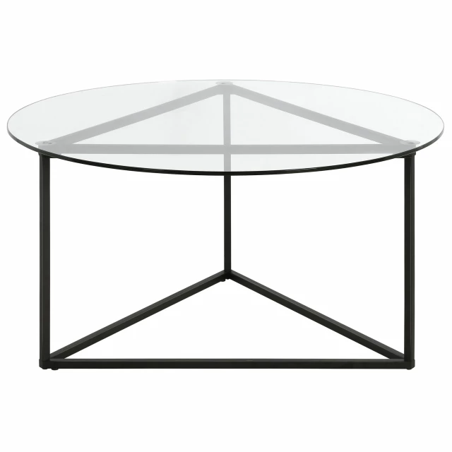 Black glass steel round coffee table with symmetrical design and tinted shades