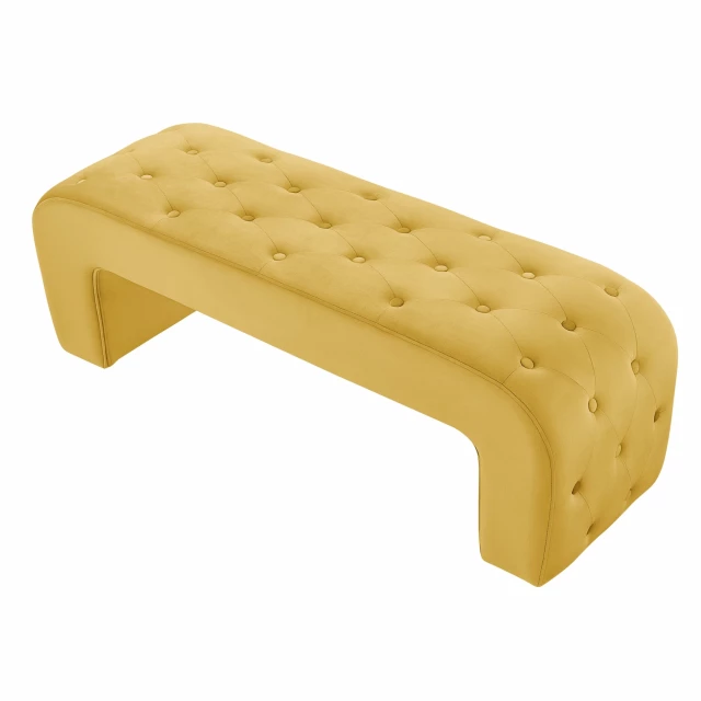 Yellow upholstered velvet bench with wood and metal details suitable for outdoor furniture